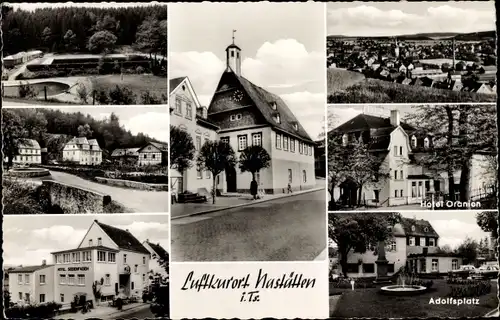 Ak Nastätten im Taunus, Hotel Oranien, Adolfsplatz, Brücke, Panorama