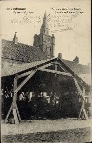 Ak Rousbrugge Haringhe Roesbrugge Haringe Flandern, Kirche und Auto Garage