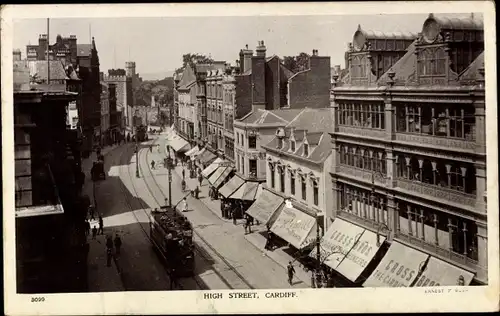 Ak Cardiff Wales, High Street, Straßenbahn