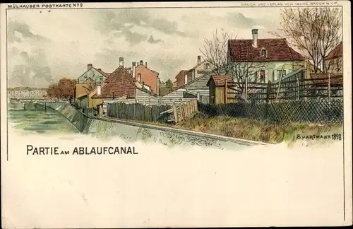 Künstler Litho Hartmann, B., Mülhausen Elsass Haut-Rhin, Ablaufkanal