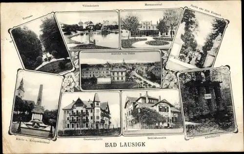Ak Bad Lausick in Sachsen, Kurhotel Herrmannsbad, Kirche, Denkmal, Bethlehemstift, Albertquelle