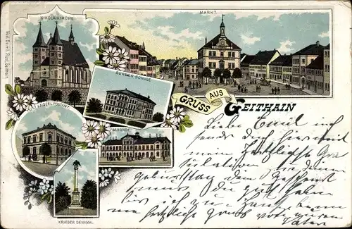 Litho Geithain in Sachsen, Nikolaikirche, Markt, Bürger Schule, Kaiserliches Postamt, Bahnhof