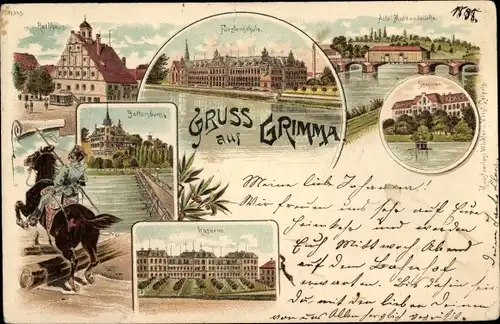 Litho Grimma in Sachsen, Rathaus, Gattersburg, Fürstenschule, Kaserne, Seminar