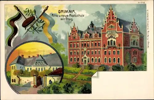 Litho Grimma in Sachsen, Alte und neue Realschule mit Progymnasium, Nr. 2158