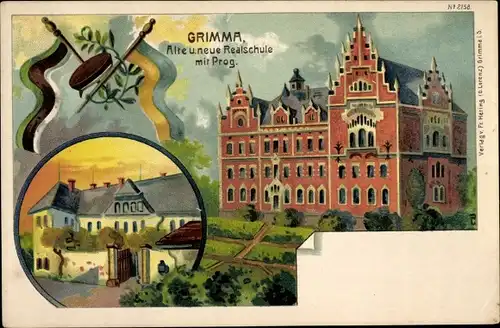 Litho Grimma in Sachsen, Alte und neue Realschule mit Progymnasium, Nr. 2158