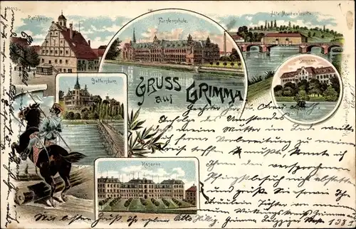Litho Grimma in Sachsen, Rathaus, Gattersburg, Fürstenschule, Kaserne, Seminar