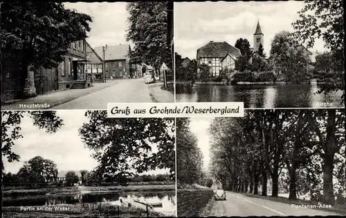 Ak Grohnde Emmerthal an der Weser, Hauptstraße, Kirche, Plantanen-Allee