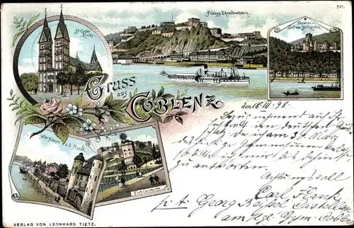 Litho Koblenz am Rhein, St Castorkirche, Festung Ehrenbreitstein, Schloss Stolzenfels