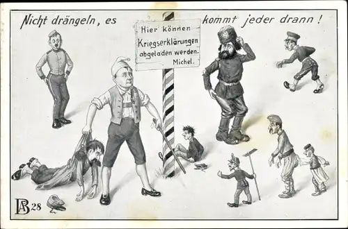 Künstler Ak Nicht drängeln, es kommt jeder dran, Deutscher Michel, Russen, Franzosen