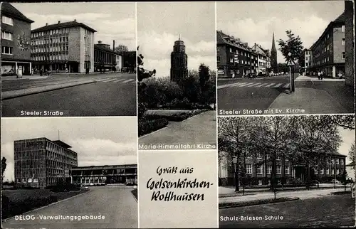 Ak Rotthausen Gelsenkirchen, Steeler Str., DELOG Verwaltungsgebäude, Schulz Briesen Schule, Kirche