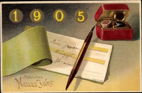 Präge Litho Glückwunsch Neujahr 1905, Scheck, Tinte, Feder