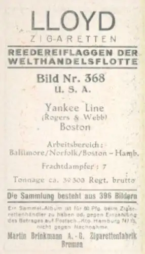 Sammelbild Reedereiflaggen der Welthandelsflotte Nr. 368, Yankee Line Boston