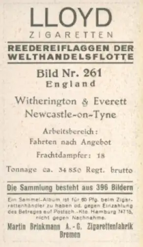 Sammelbild Reedereiflaggen der Welthandelsflotte Nr. 261, Witherington & Everett, Newcastle on Tyne