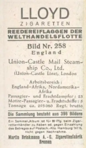 Sammelbild Reedereiflaggen der Welthandelsflotte Nr. 258, Union-Castle Mail Steamship, London