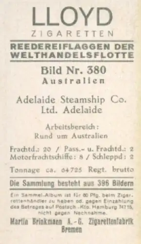 Sammelbild Reedereiflaggen der Welthandelsflotte Nr. 380, Adelaide Steamship Co.