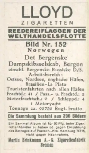 Sammelbild Reedereiflaggen der Welthandelsflotte Nr. 152, Det Bergenske Dampskibsselaskab