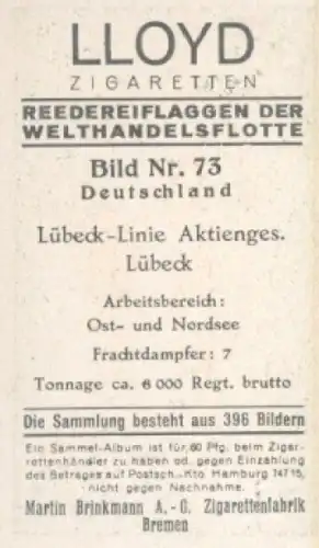 Sammelbild Reedereiflaggen der Welthandelsflotte Nr. 73, Lübeck-Line AG