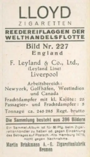 Sammelbild Reedereiflaggen der Welthandelsflotte Nr. 227, F. Leyland & Co., Liverpool