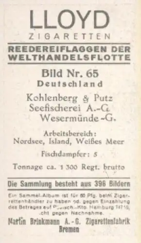 Sammelbild Reedereiflaggen der Welthandelsflotte Nr. 65, Kohlenberg & Putz Seefischerei, Wesermünde