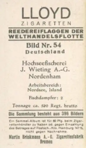 Sammelbild Reedereiflaggen der Welthandelsflotte Nr. 54, Hochseefischerei J. Wieting, Nordenham