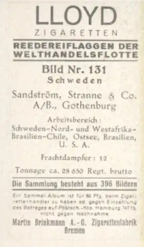 Sammelbild Reedereiflaggen der Welthandelsflotte Nr. 131, Sandström, Stranne & Co., Gothenburg