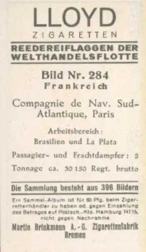 Sammelbild Reedereiflaggen der Welthandelsflotte Nr. 284, Compagnie de Navigation Sud-Atlantique