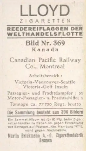 Sammelbild Reedereiflaggen der Welthandelsflotte Nr. 369, Canadian Pacific Railway, Montreal