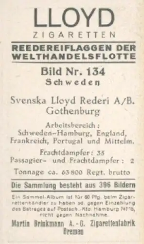 Sammelbild Reedereiflaggen der Welthandelsflotte Nr. 134, Svenska lloyd Rederei, Gothenburg