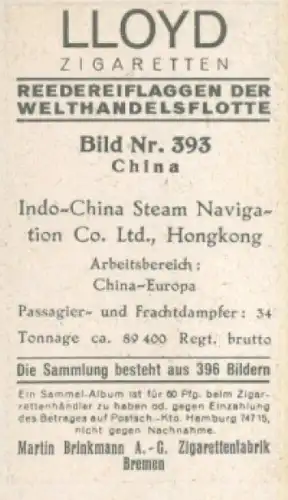 Sammelbild Reedereiflaggen der Welthandelsflotte Nr. 369, Indo-China Steam navigation Co., Hongkong