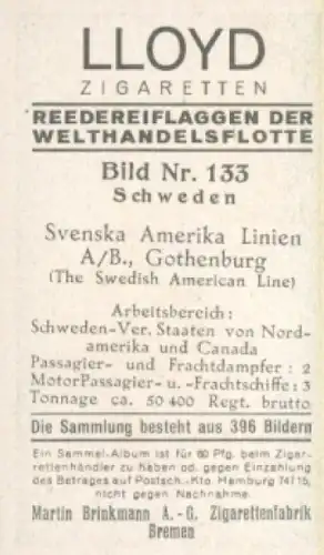 Sammelbild Reedereiflaggen der Welthandelsflotte Nr. 133, Svenska Amerika Linien, Gothenburg