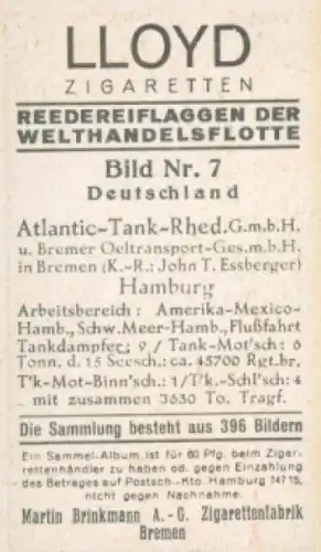 Sammelbild Reedereiflaggen der Welthandelsflotte Nr. 7, Atlantic-Tank-Reederei, Hamburg