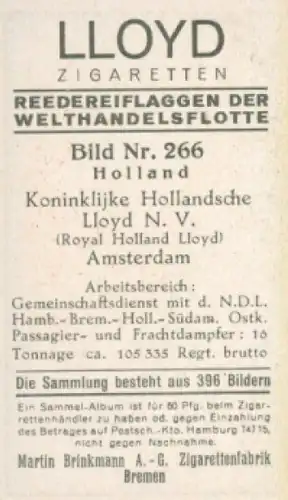 Sammelbild Reedereiflaggen der Welthandelsflotte Nr. 266, Koninklijke Hollandsche Lloyd, Amsterdam