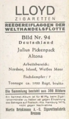 Sammelbild Reedereiflaggen der Welthandelsflotte Nr. 94, Julius Pickenpack, Altona