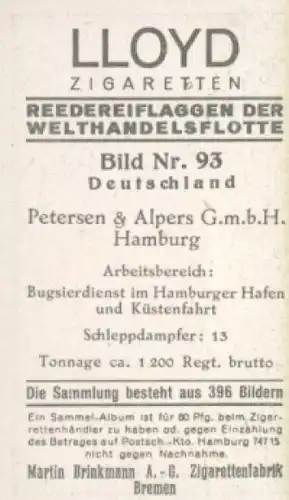 Sammelbild Reedereiflaggen der Welthandelsflotte Nr. 93, Petersen & Alpers GmbH, Hamburg