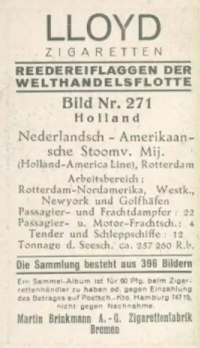 Sammelbild Reedereiflaggen der Welthandelsflotte Nr. 271, Nederlandsch-Amerikaansche Stoomv. Mij.