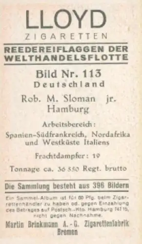 Sammelbild Reedereiflaggen der Welthandelsflotte Nr. 113, Reederei Rob. M. Sloman & Co.