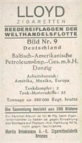 Sammelbild Reedereiflaggen der Welthandelsflotte Nr. 9, Baltisch-Amerikanische-Petroleum-GmbH