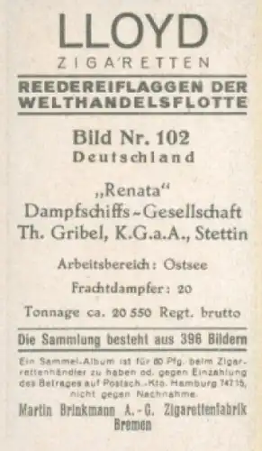 Sammelbild Reedereiflaggen der Welthandelsflotte Nr. 102, Dampfschiffs-Gesellschaft Renata, Stettin