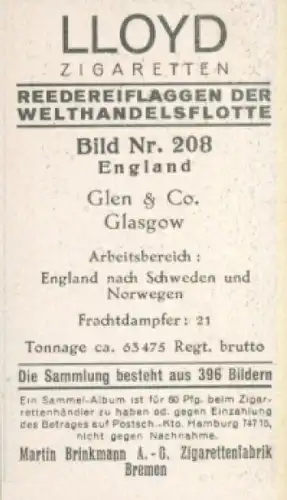 Sammelbild Reedereiflaggen der Welthandelsflotte Nr. 208, Glen & Co., Glasgow