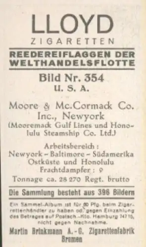 Sammelbild Reedereiflaggen der Welthandelsflotte Nr. 354, Moore & Mc.Cormack Co., New York