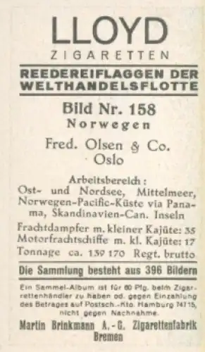 Sammelbild Reedereiflaggen der Welthandelsflotte Nr. 158, Fred. Olsen & Co., Oslo