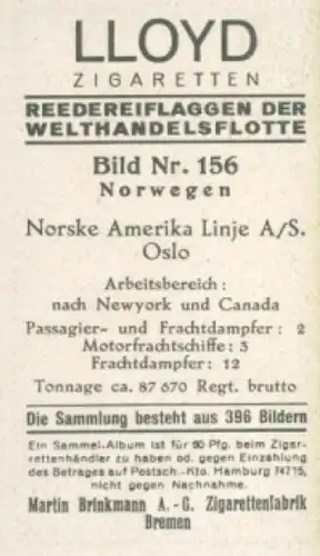 Sammelbild Reedereiflaggen der Welthandelsflotte Nr. 156, Norske Amerikalinje, Oslo