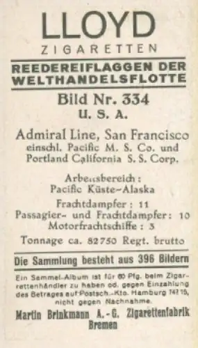 Sammelbild Reedereiflaggen der Welthandelsflotte Nr. 334, Admiral Line, San Francisco