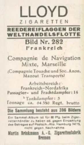 Sammelbild Reedereiflaggen der Welthandelsflotte Nr. 282, Compagnie de Navigation Mixte