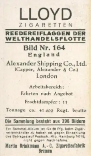 Sammelbild Reedereiflaggen der Welthandelsflotte Nr. 164, Alexander Shipping Co., London