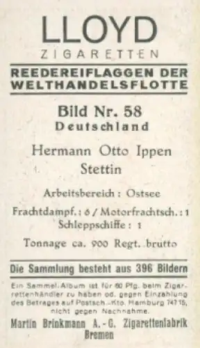 Sammelbild Reedereiflaggen der Welthandelsflotte Nr. 58, Hermann Otto Ippen, Stettin