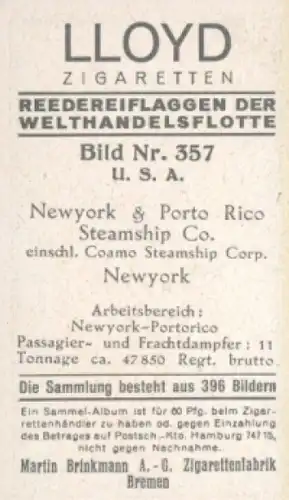 Sammelbild Reedereiflaggen der Welthandelsflotte Nr. 357, New York & Porto Rico Steamship Co.