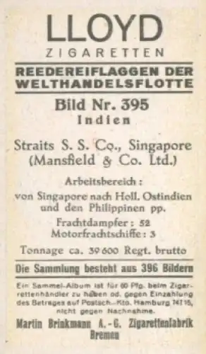 Sammelbild Reedereiflaggen der Welthandelsflotte Nr. 395, Straits S. S. Company, Singapore