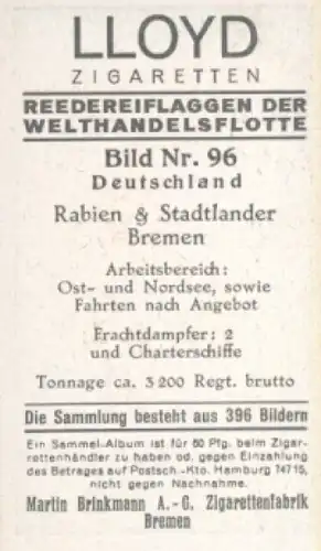 Sammelbild Reedereiflaggen der Welthandelsflotte Nr. 96, Rabien & Stadtlander, Bremen