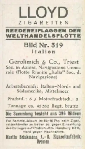 Sammelbild Reedereiflaggen der Welthandelsflotte Nr. 319, Gerolimich & Co., Triest